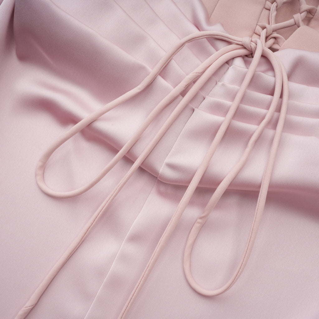 Zinnia Pink Ruched Maxi Dress with Bow Straps