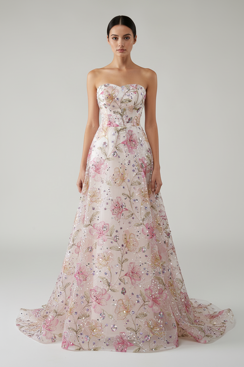 模特穿着粉色花卉刺绣A字礼服