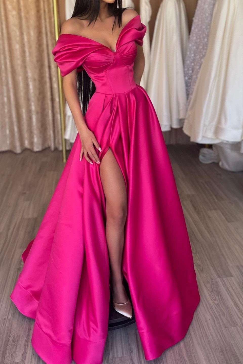 Fuchsia A-Line Portrait Prom Dress With Split
