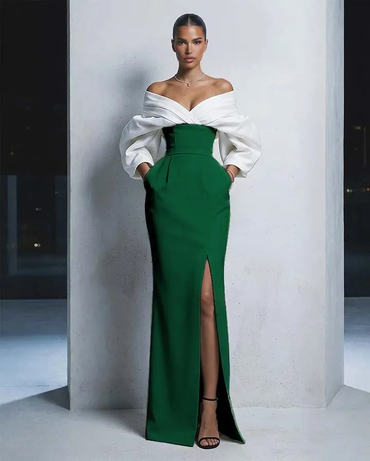 Charming  Long Sleeves Black And White Off-The-Shoulder Split Long Prom Dress