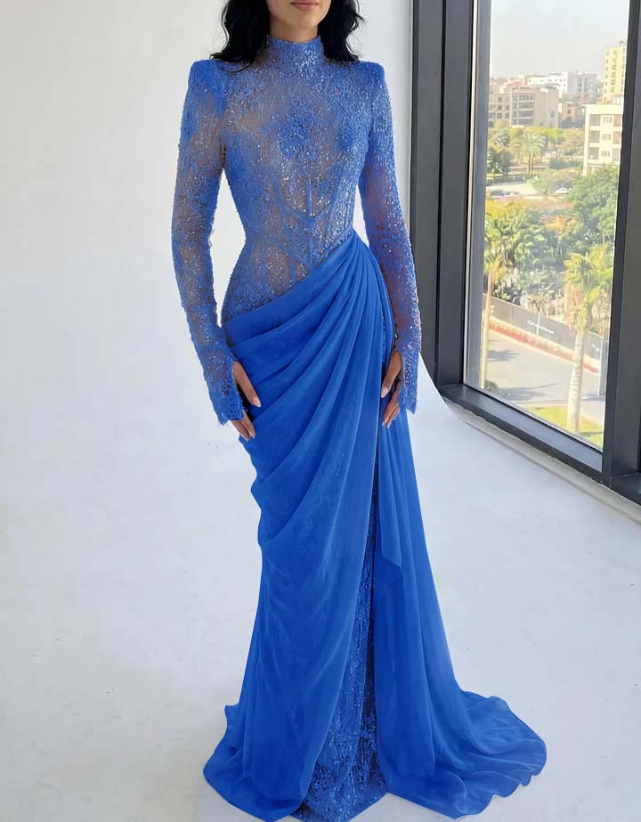 Chic High Neck Long Sleeves Beaded Applique Pleated Prom Dress with Train