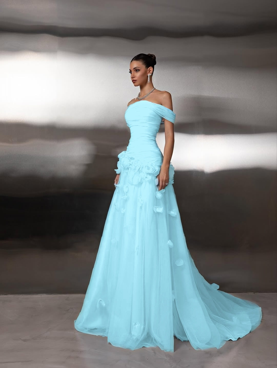 Chic Blue Tulle Off the Shoulder Floral Prom Dress with Pleated