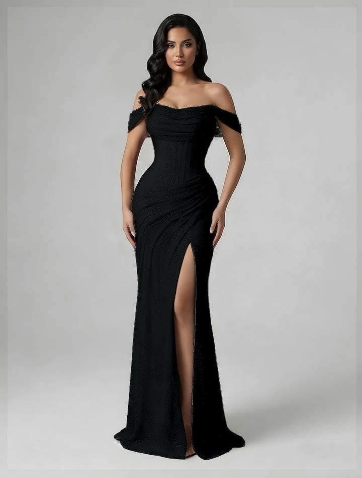 Charming Burgundy Off-The-Shoulder Pleated Prom Dress With Split