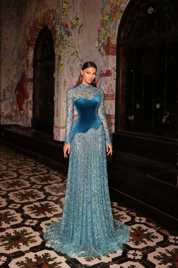 Stunning Ink Blue High Neck Long Sleeves Rhinestone Sweep Prom Dress