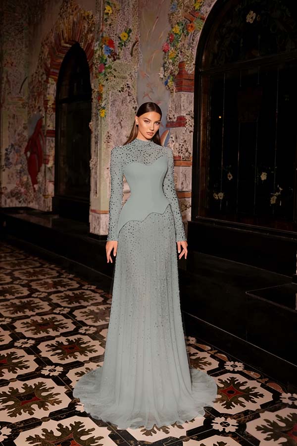 Stunning Ink Blue High Neck Long Sleeves Rhinestone Sweep Prom Dress