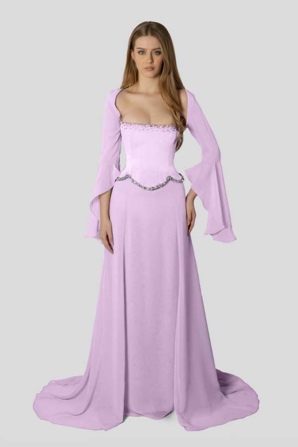 Stunning Square Neck Beaded Long Ruffles Sleeves Prom Dress