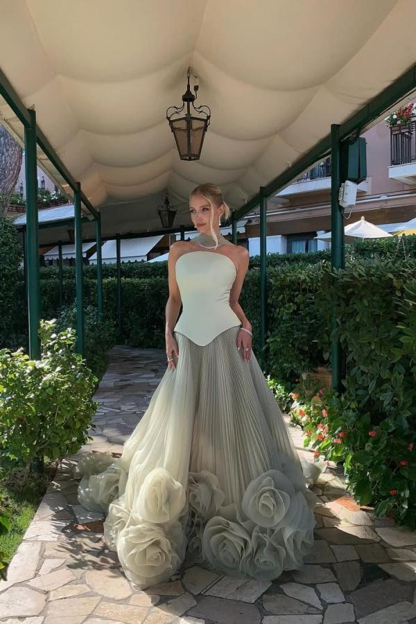 Chic Dusty Sage Tulle Sleeveless Strapless Satin Long Pleated Prom Dress with Flowers