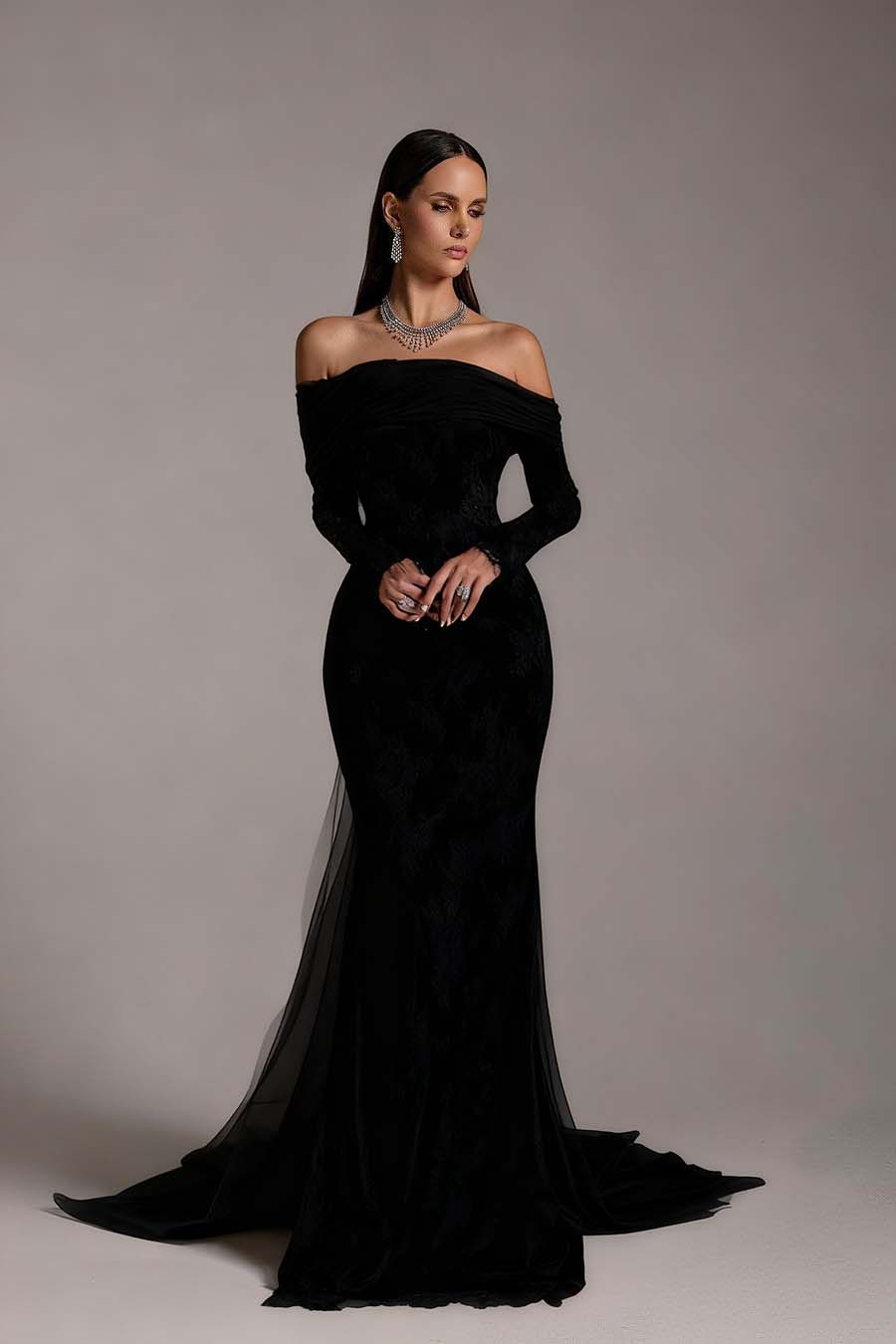 Stunning Prints Off the Shoulder Long Sleeves Mermaid Prom Dress with Pleated