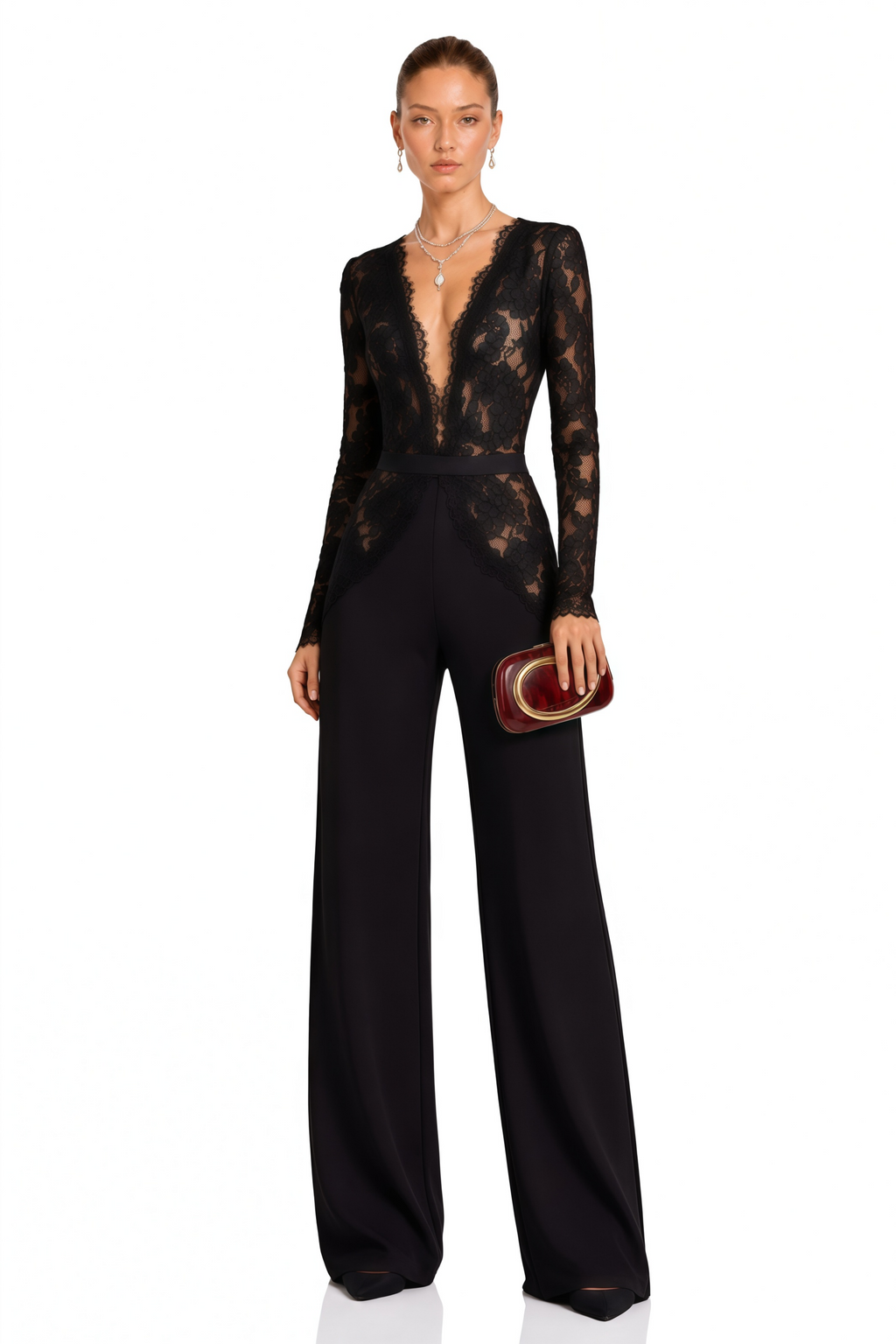 Zhadana Black Semi-Sheer Lace Panel Jumpsuit