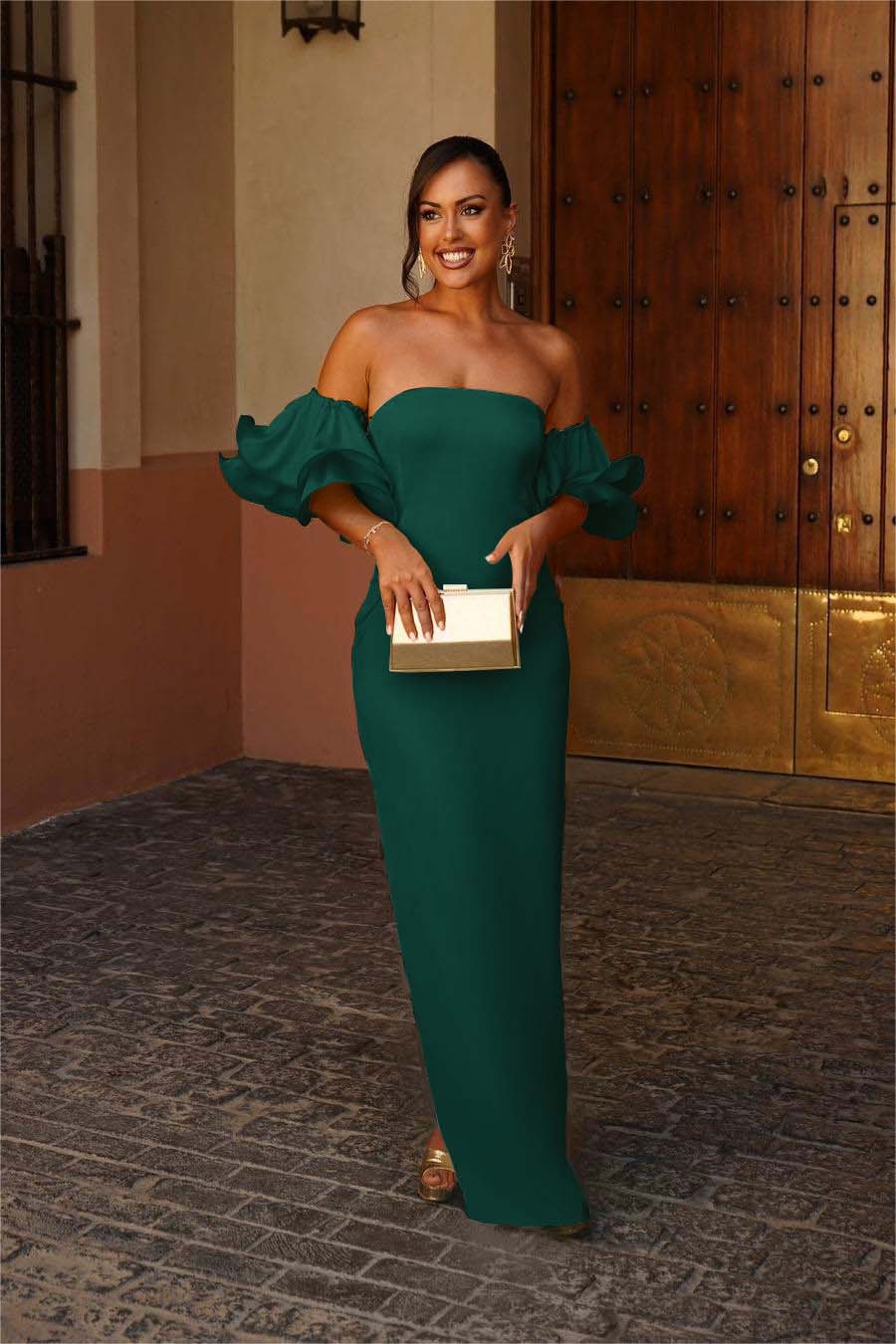 Glamorous Satin Off the Shoulder Strapless Slim Long Prom Dress with Ruffles