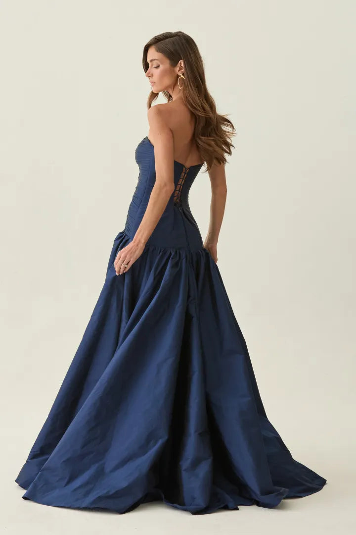 Elegant Dark Navy Sleeveless Strapless Long Prom Dress with Corset