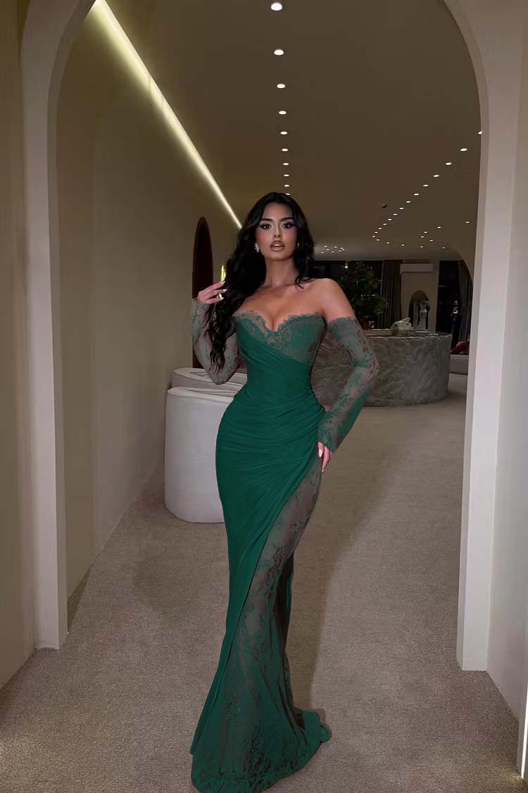 Glamorous Brown Long Sleeves Strapless V Neck Long Prom Dress with Pleated