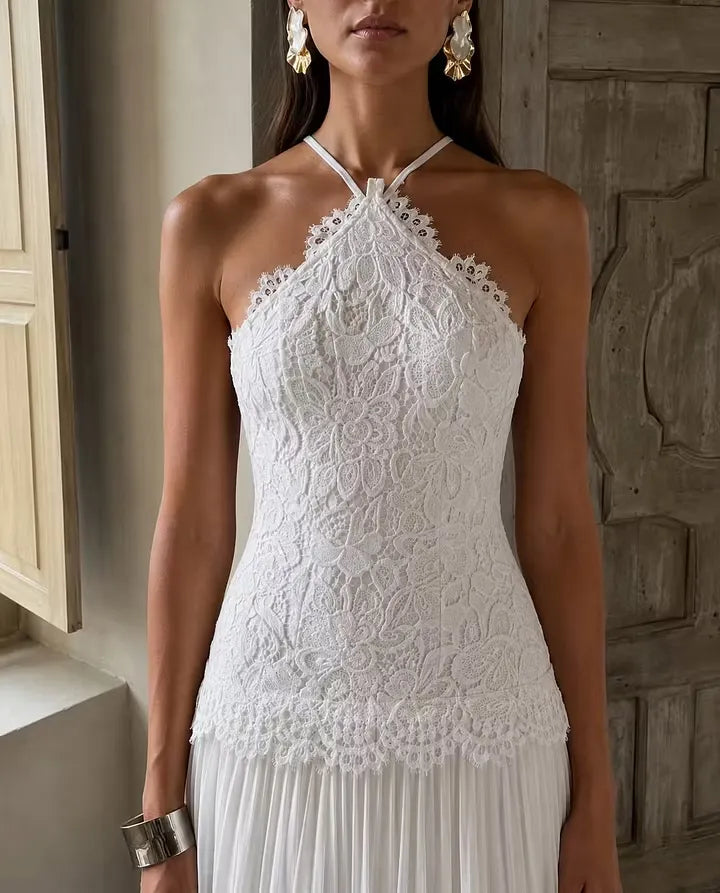 Elegant White Lace Sleeveless Halter Long Prom Dress with Pleated