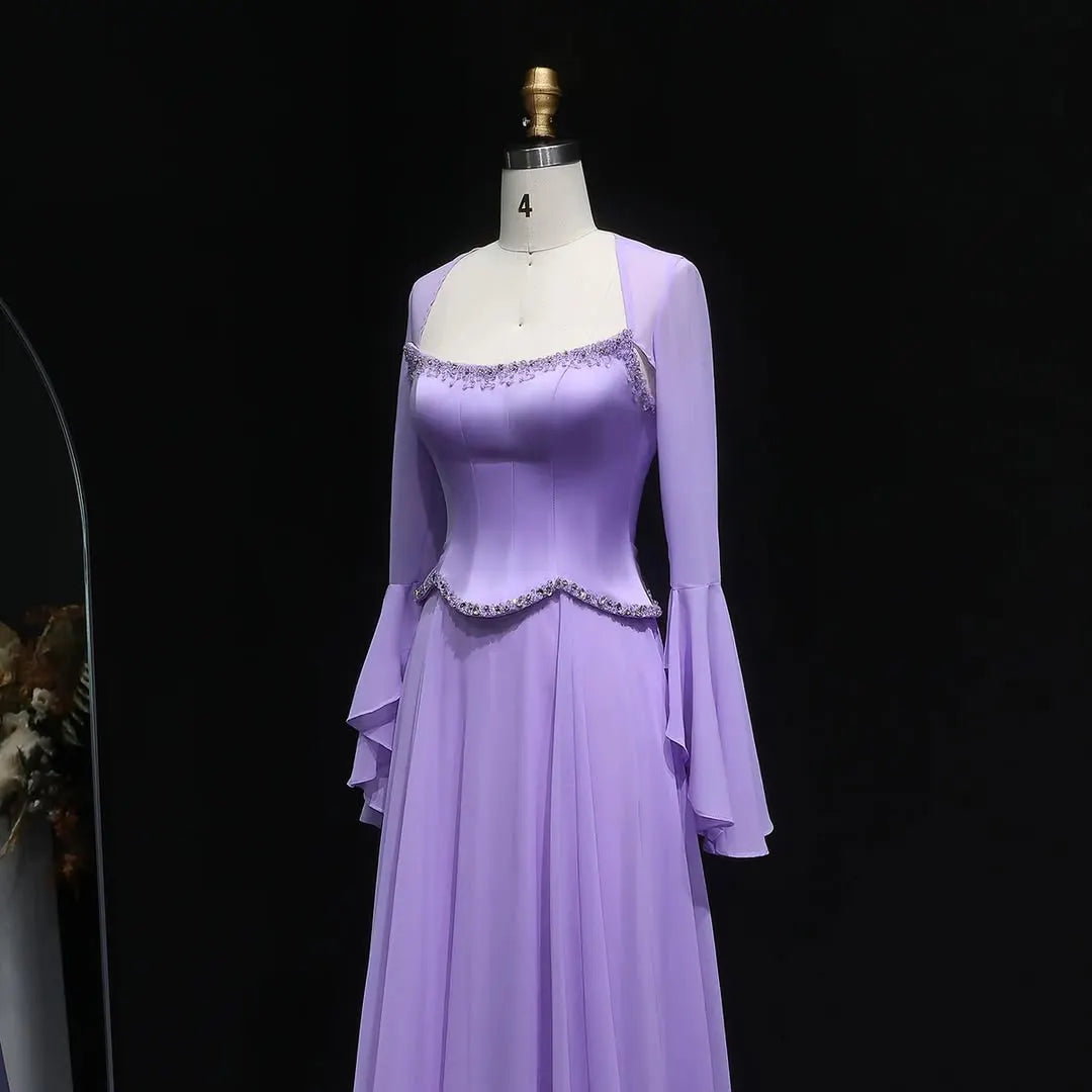 Stunning Square Neck Beaded Long Ruffles Sleeves Prom Dress