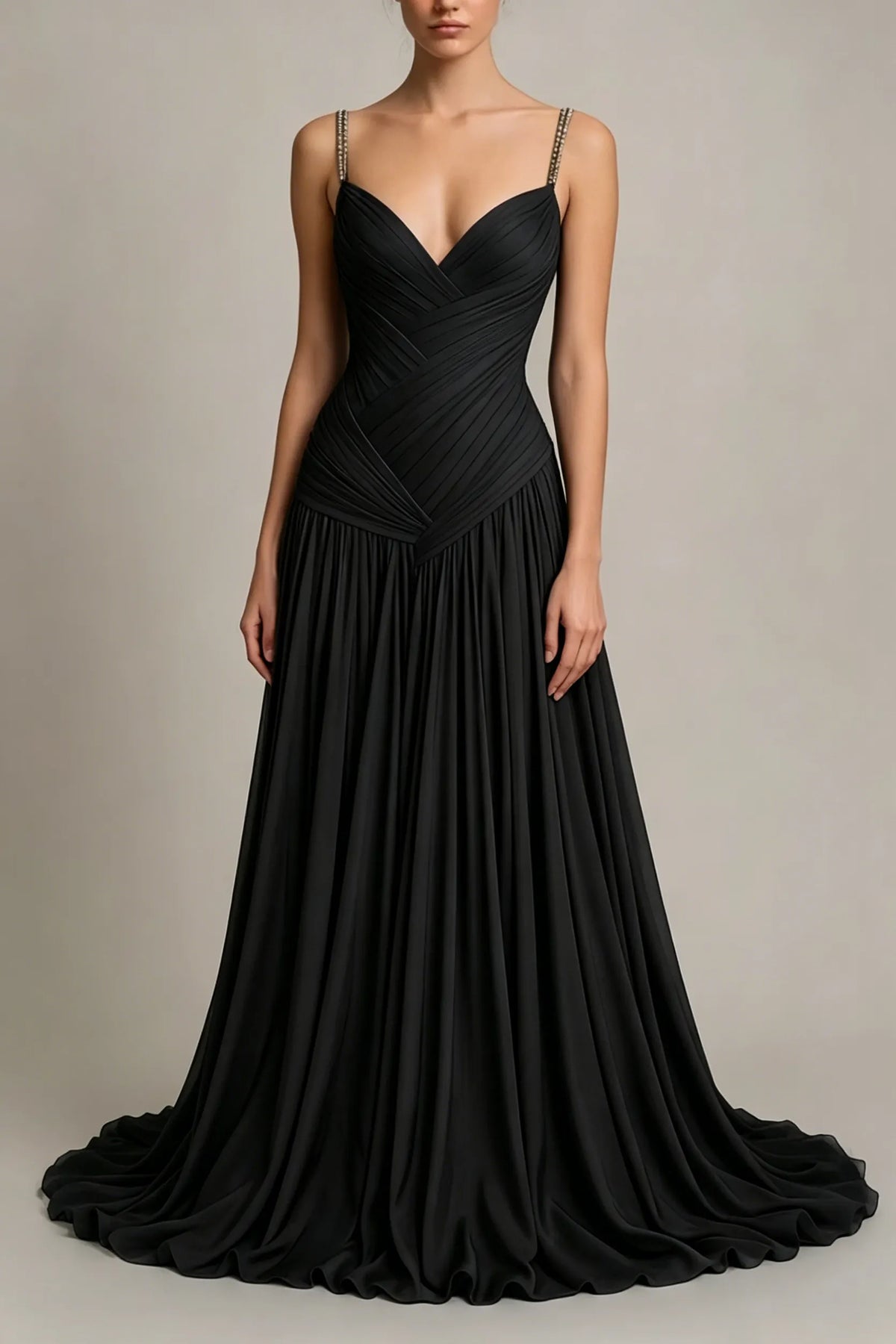 Charming Dusty Blue Sleeveless Spaghetti Strap Long Prom Dress with V Neck