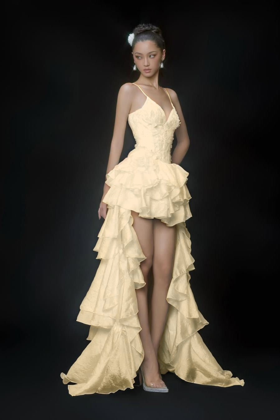 Stunning White Sleeveless Spaghetti Strap V Neck Long Prom Dress with Ruffles