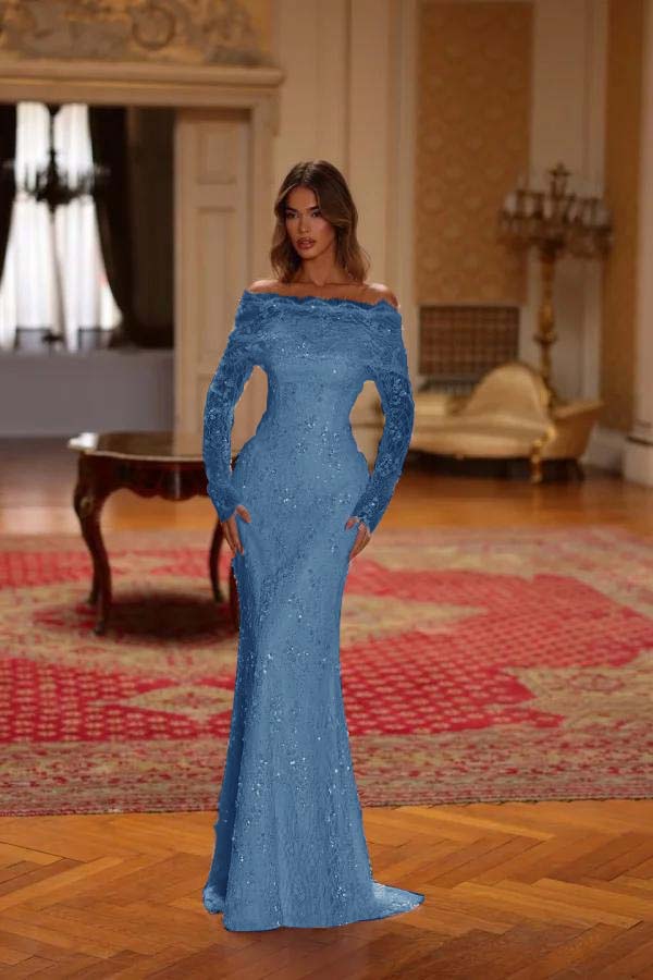 Chic Pink Lace Bateau Neck Long Sleeves Sequins Mermaid Prom Dress