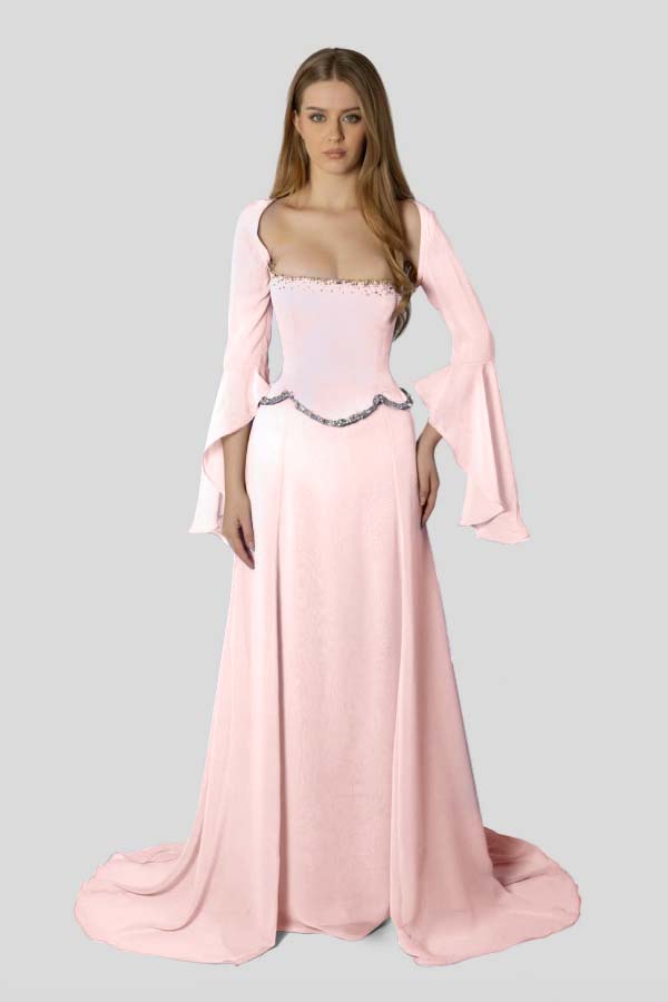 Stunning Square Neck Beaded Long Ruffles Sleeves Prom Dress