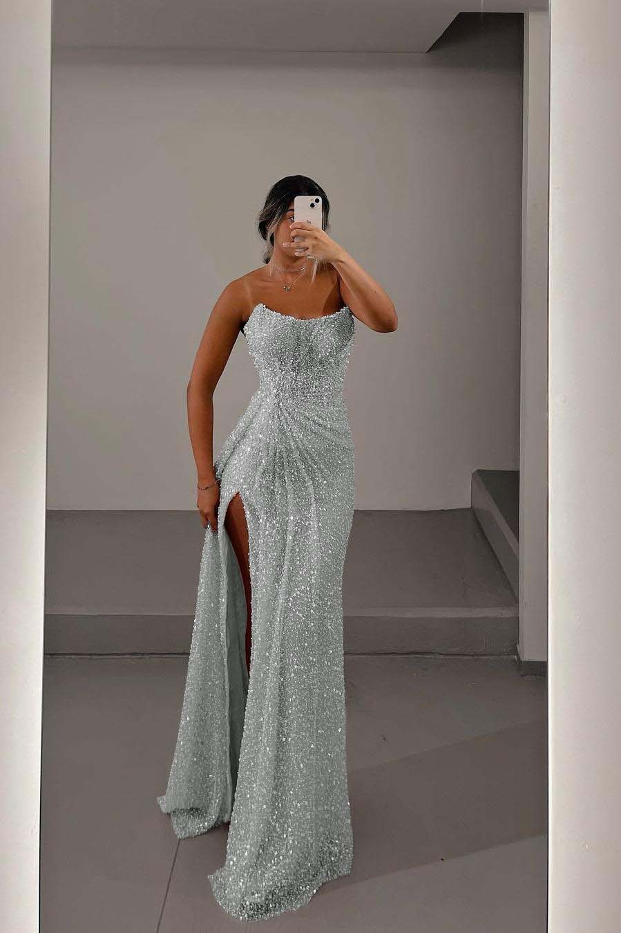 Glamorous Light Pink Sequins Strapless Sleeveless Long Prom Dress with Split