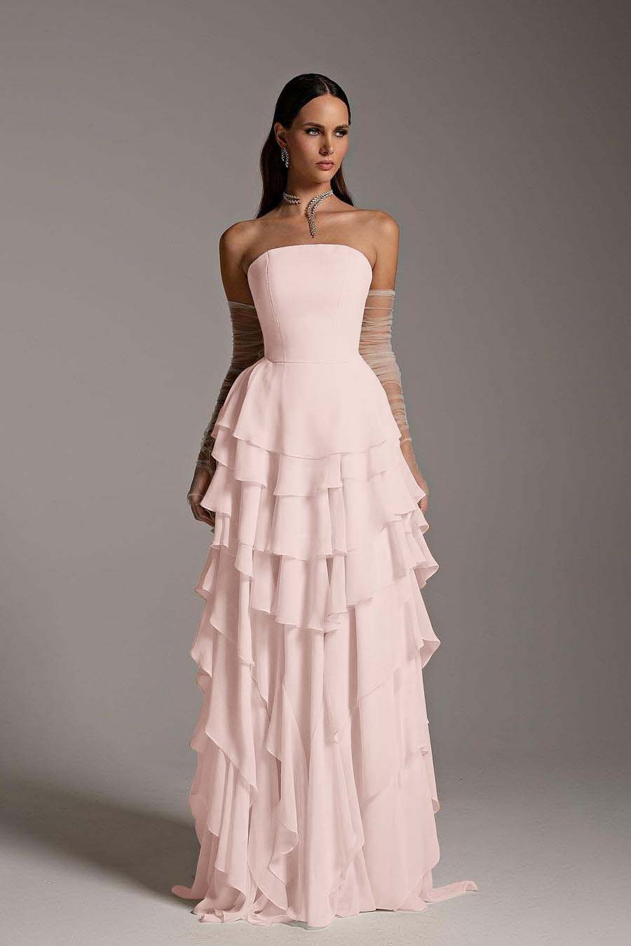 Charming Daffodil Chiffon Sleeveless Strapless Long Cake Prom Dress with Gloves