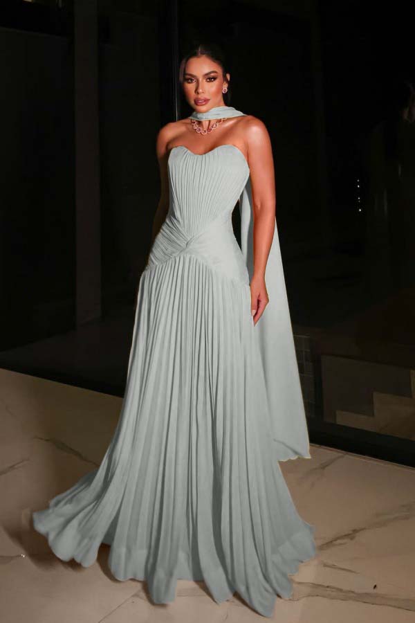 Glamorous Strapless Sleeveless Pleated Long Prom Dress with Scarf
