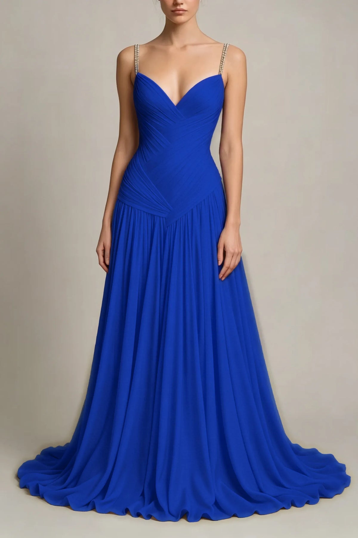 Charming Dusty Blue Sleeveless Spaghetti Strap Long Prom Dress with V Neck