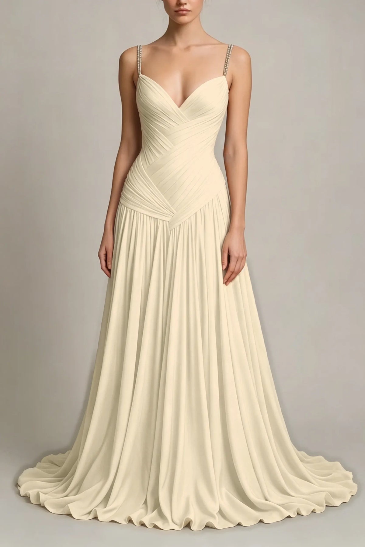 Charming Dusty Blue Sleeveless Spaghetti Strap Long Prom Dress with V Neck