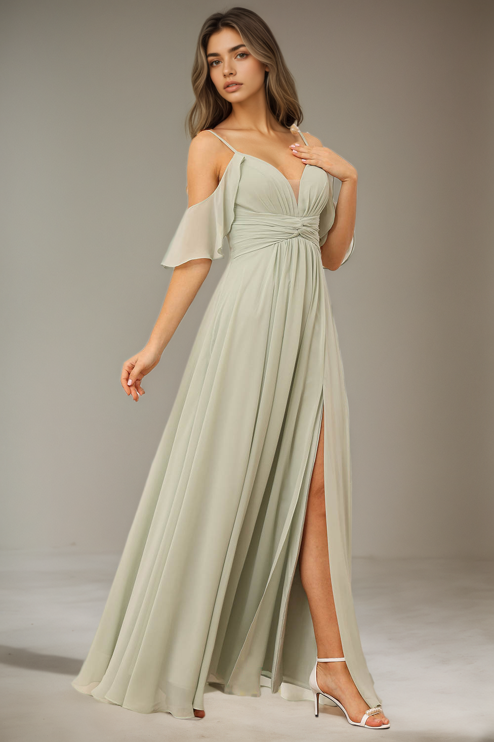 Simple Chiffon Spaghetti Strap Off the Shoulder Bridesmaid Dress with Split