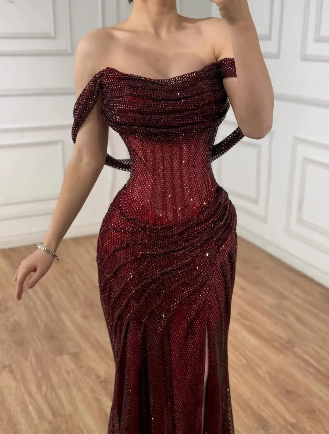 Charming Burgundy Off-The-Shoulder Pleated Prom Dress With Split