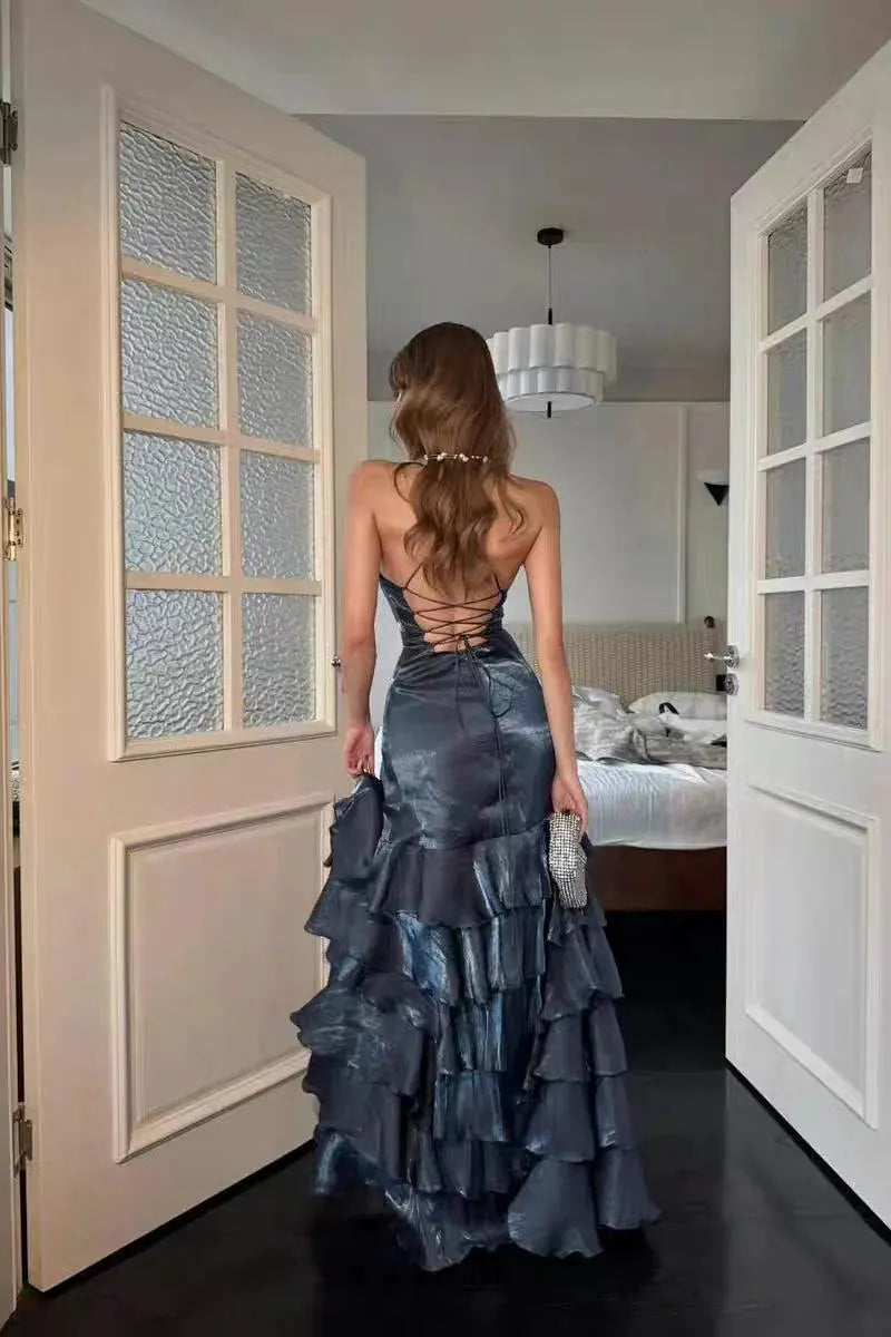 Charming Ink Blue Sleeveless Halter V Neck Long Prom Dress with Split