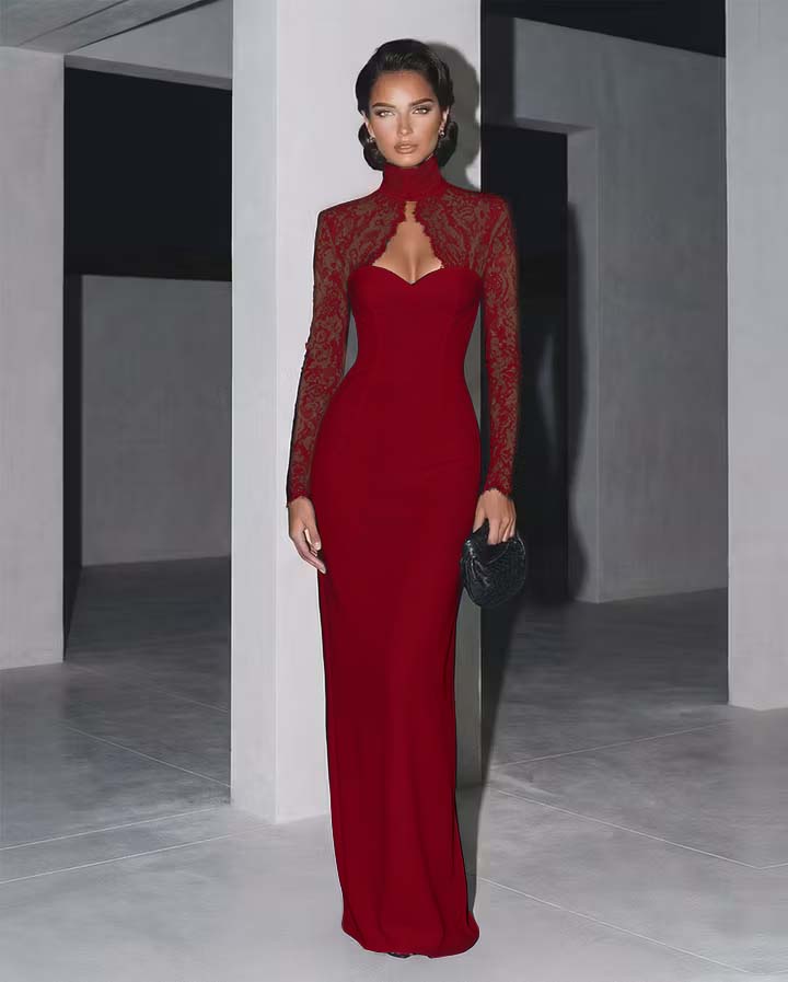 Glamorous Black Lace Long Sleeves Long Prom Dress with High Neck