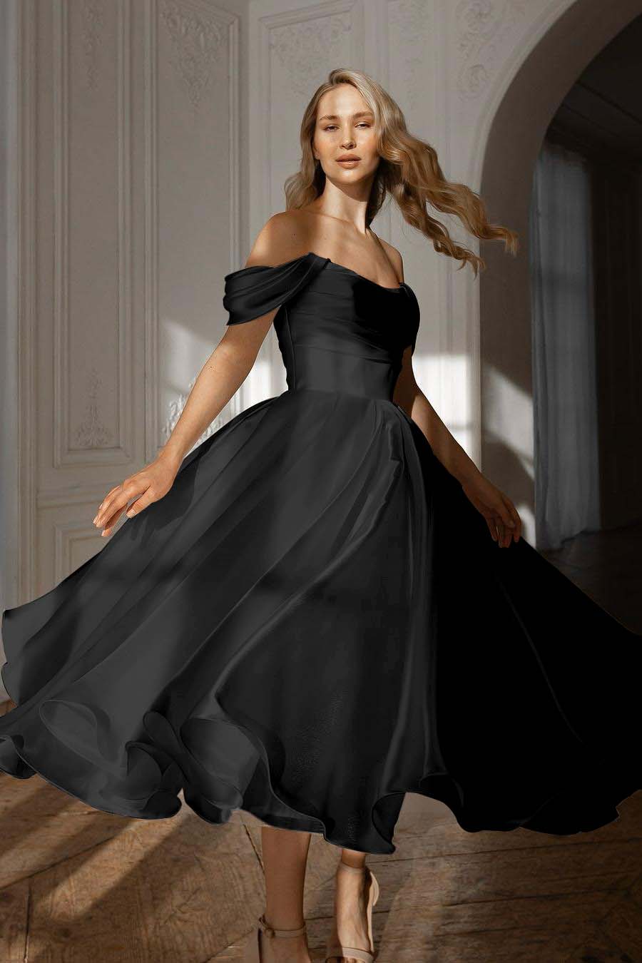 Exquisite White Satin Strapless Off the Shoulder A Line Prom Dress with Ruffles