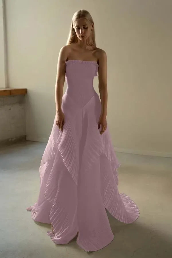 Chic Ivory Chiffon Strapless Sleeveless Slim Long Prom Dress with Ruffles