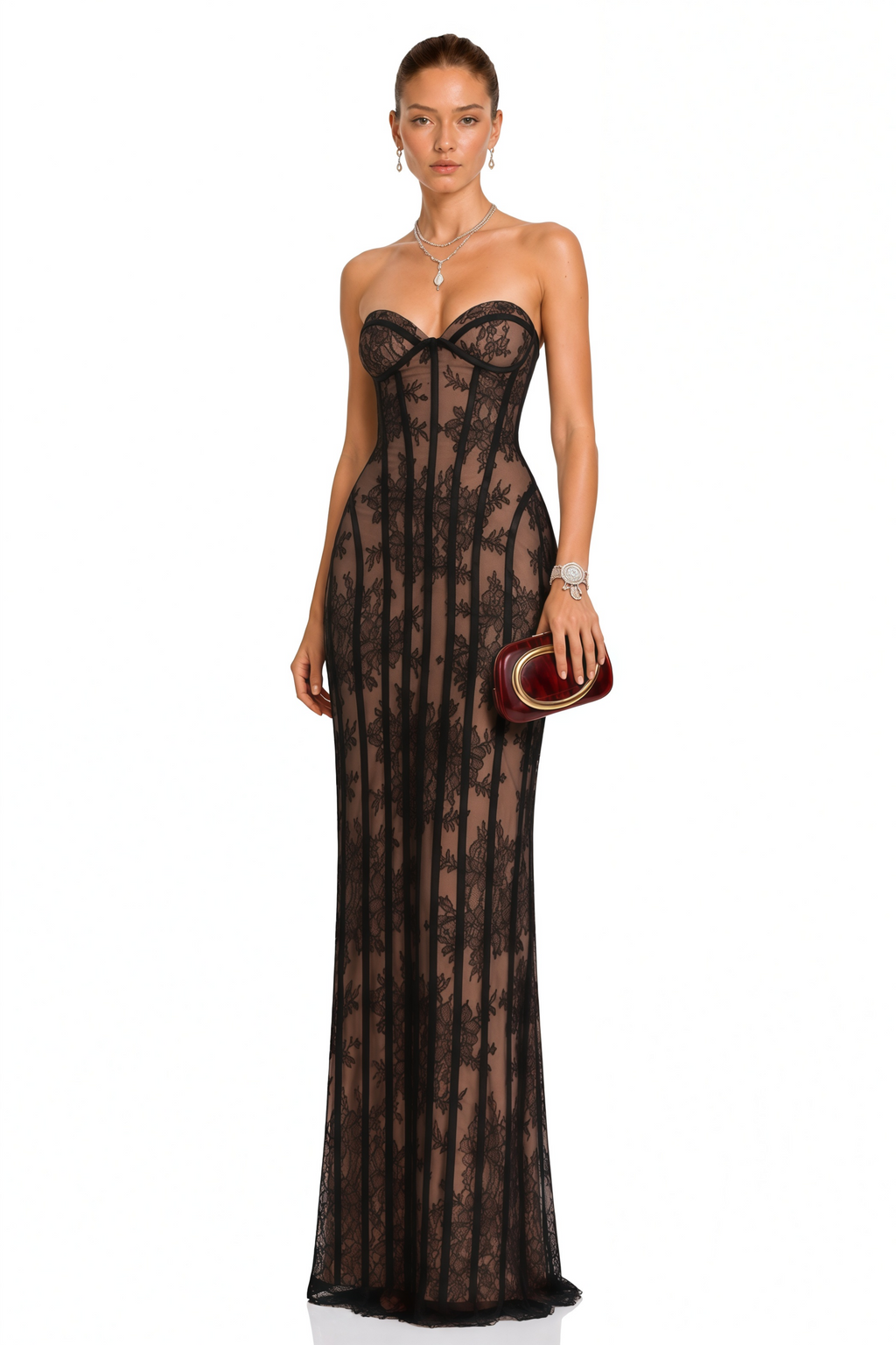 Urszula Black Floral Lace Corset Maxi Dress