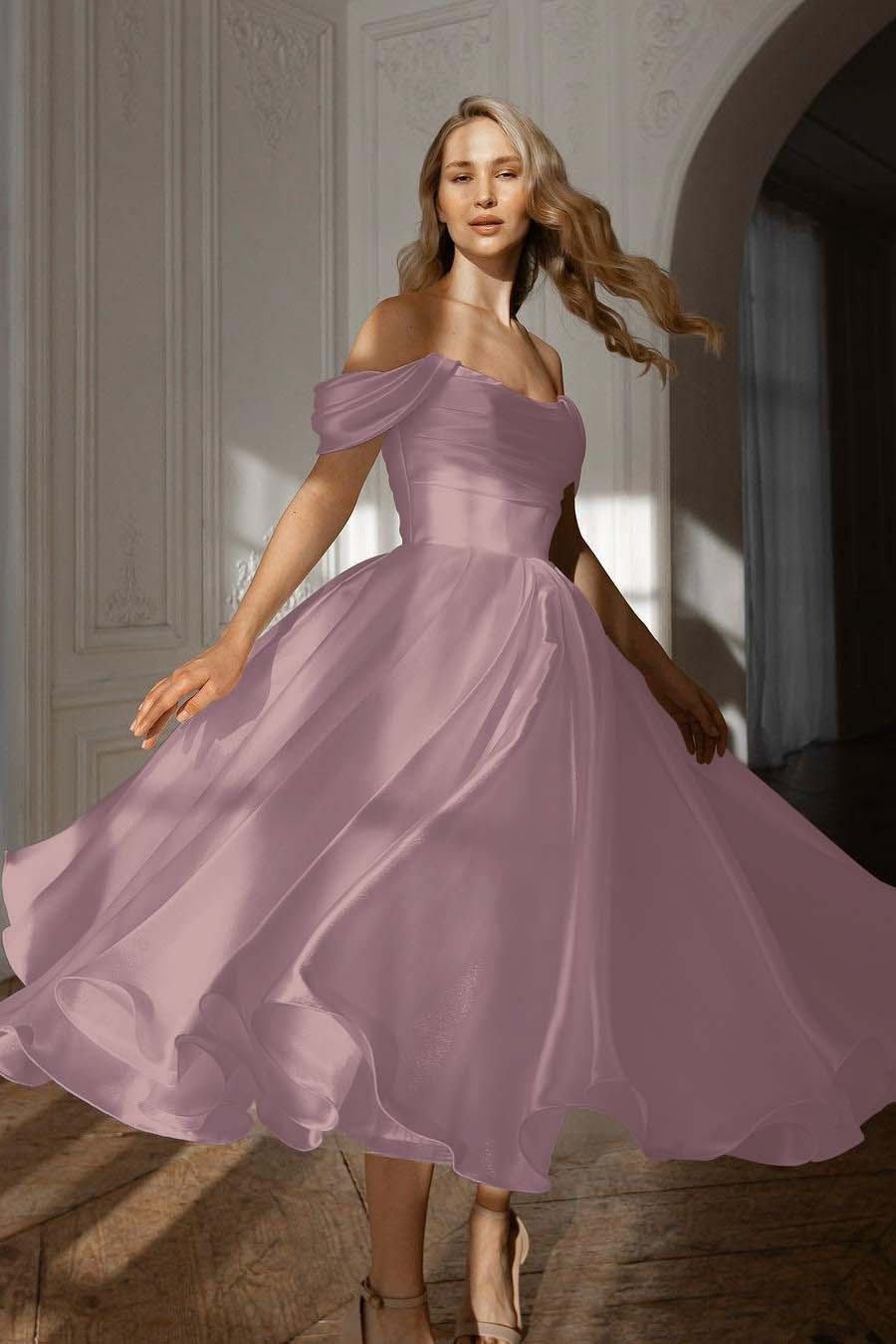 Exquisite White Satin Strapless Off the Shoulder A Line Prom Dress with Ruffles