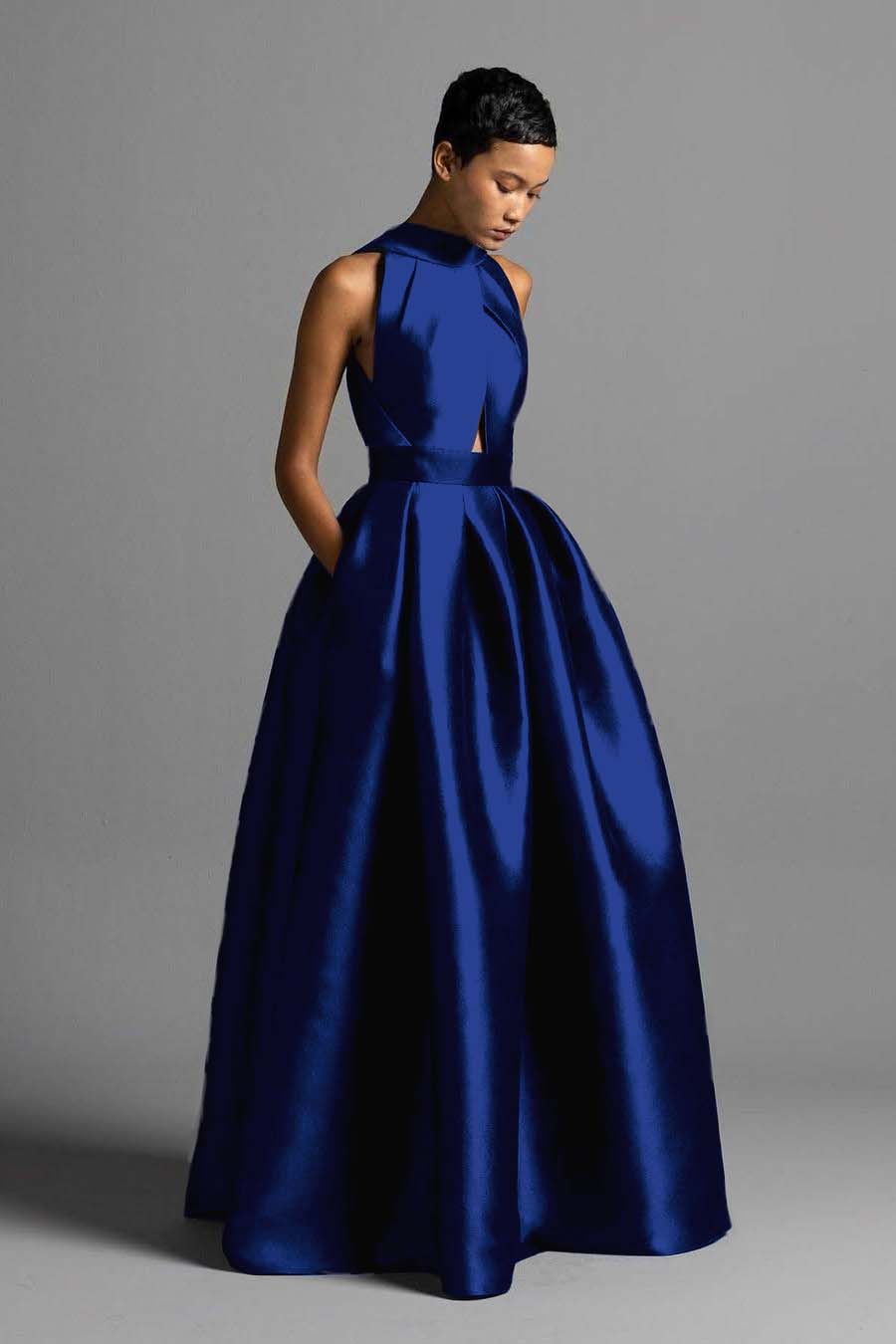 Exquisite Royal Blue Satin Halter Strapless Sleeveless A Line Prom Dress with Pleated