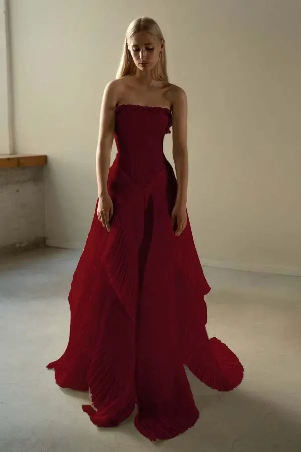 Chic Ivory Chiffon Strapless Sleeveless Slim Long Prom Dress with Ruffles