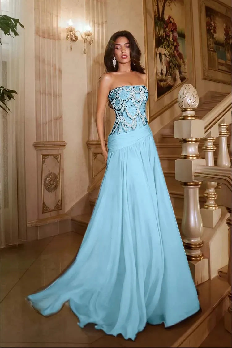 Exquisite DarkNavy Chiffon Sleeveless Strapless Prom Dress with Sequins