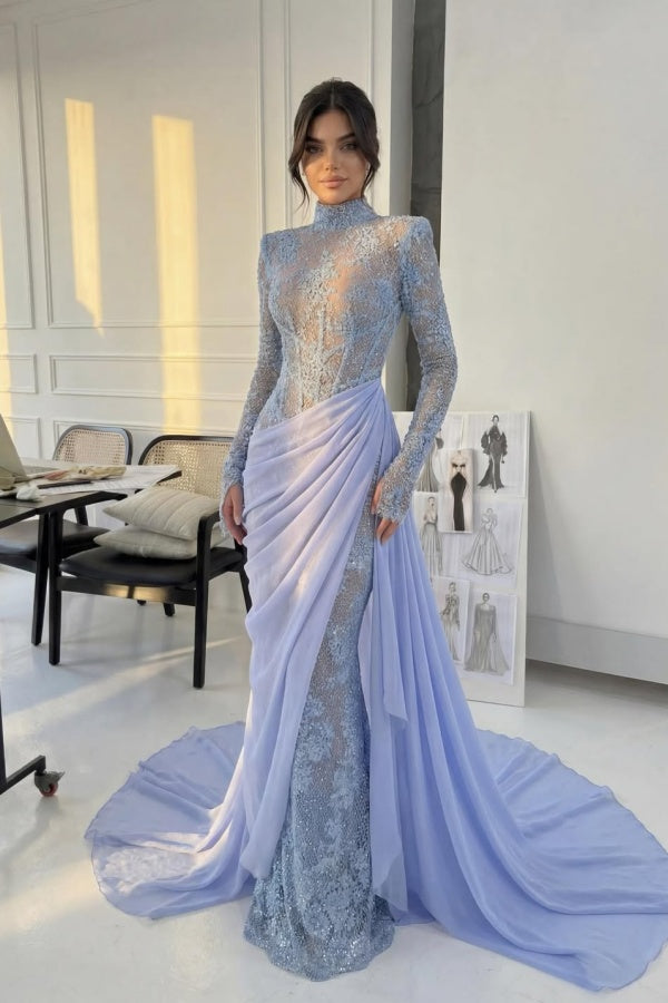 Chic High Neck Long Sleeves Beaded Applique Pleated Prom Dress with Train