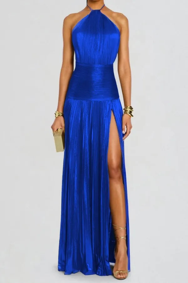Charming Green Halter Sleeveless Backless Split Prom Dress with Pleated