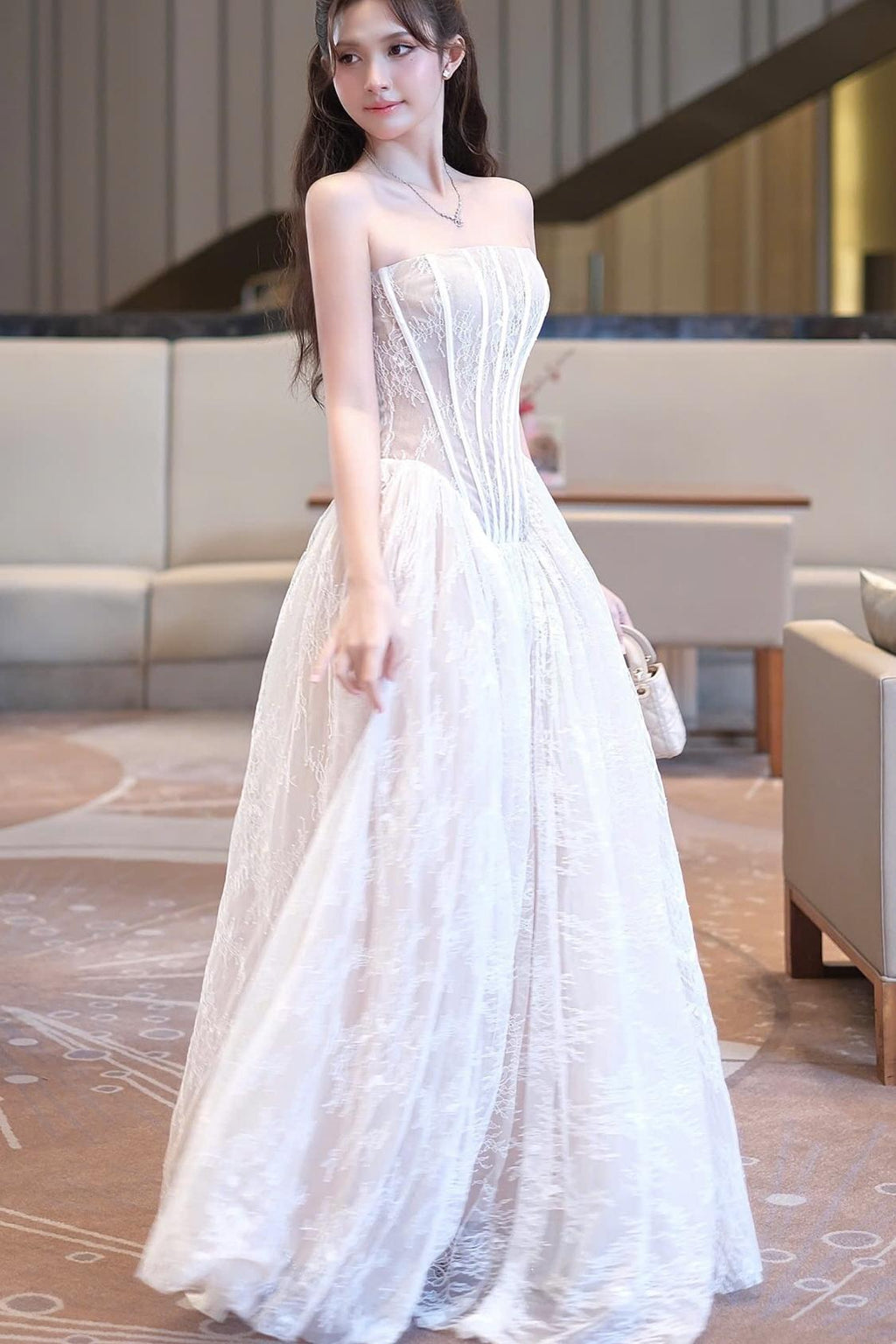 Exquisite White Lace Strapless Sleeveless A Line Prom Dress with Ruffles