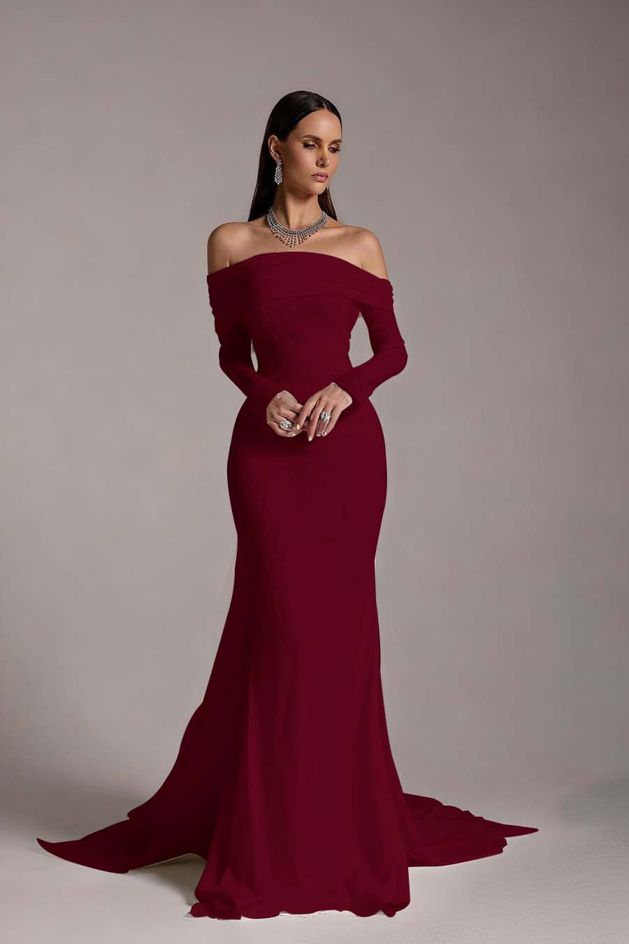 Stunning Prints Off the Shoulder Long Sleeves Mermaid Prom Dress with Pleated