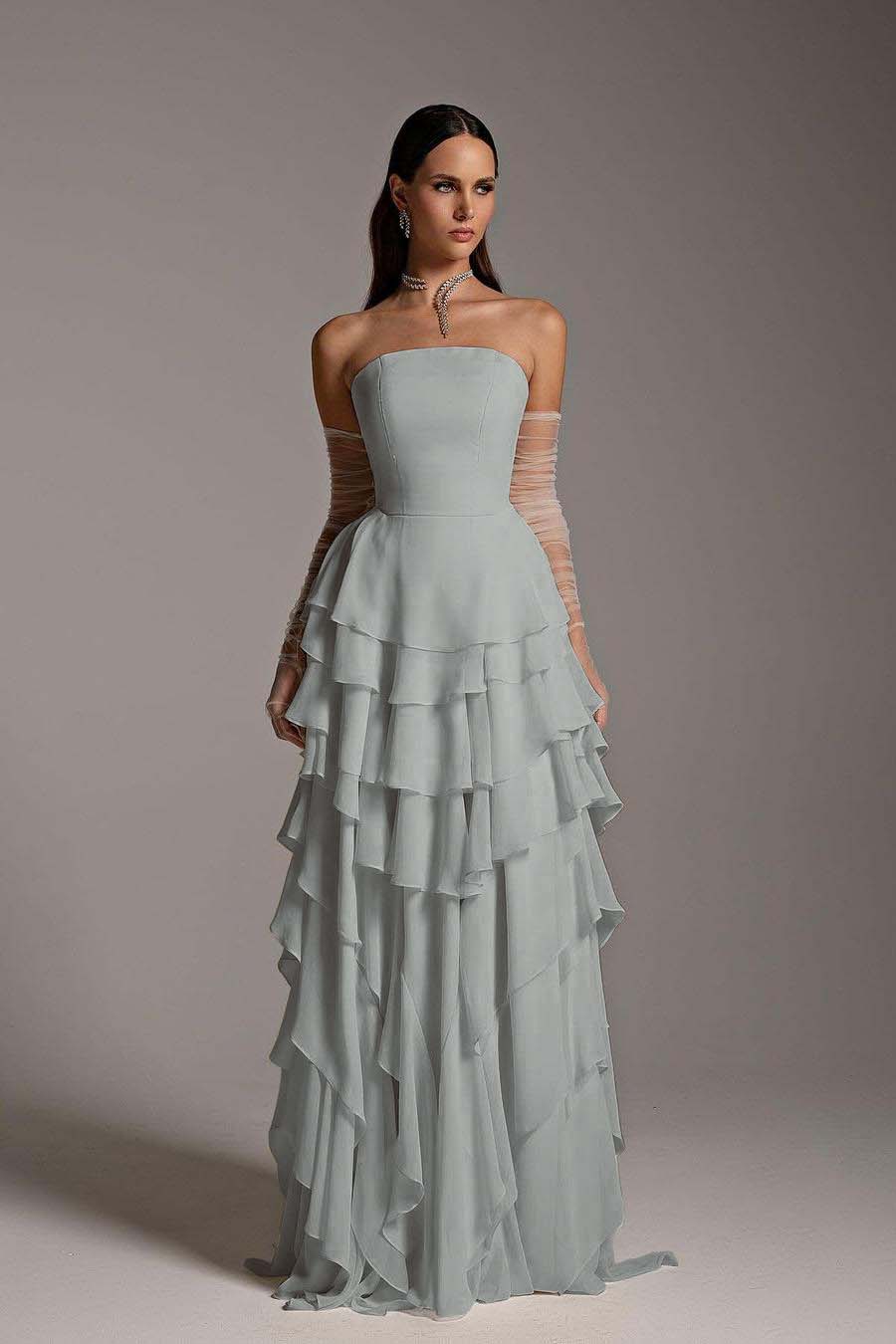Charming Daffodil Chiffon Sleeveless Strapless Long Cake Prom Dress with Gloves