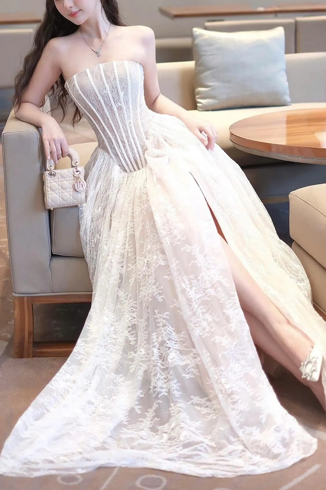Exquisite White Lace Strapless Sleeveless A Line Prom Dress with Ruffles