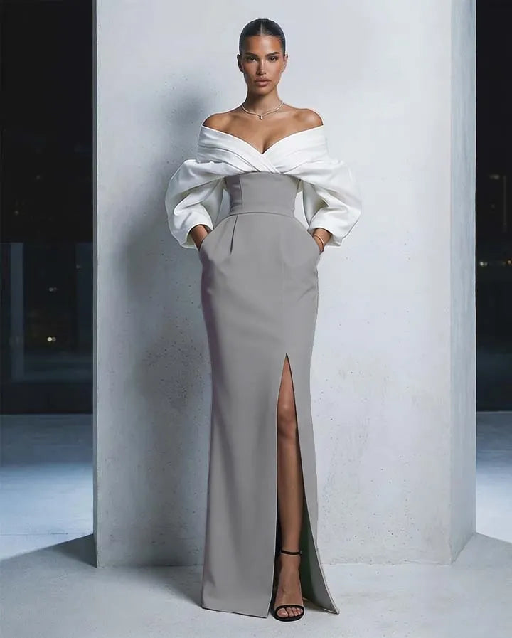 Charming  Long Sleeves Black And White Off-The-Shoulder Split Long Prom Dress