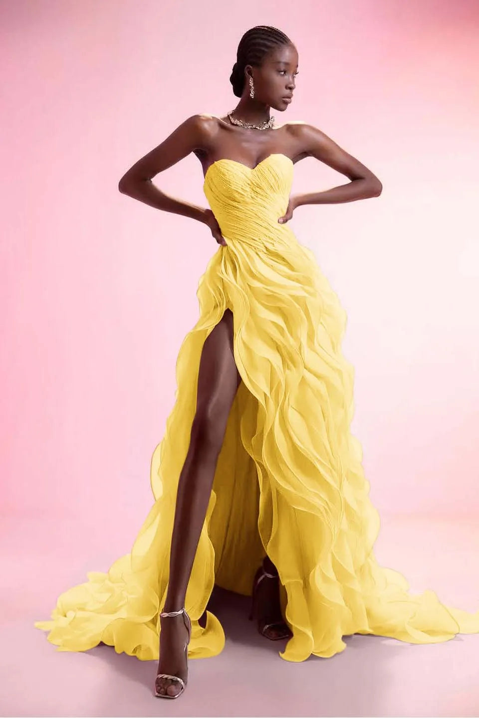 Stunning Pink Strapless Sleeveless Ruffles Pleated Split Prom Dress