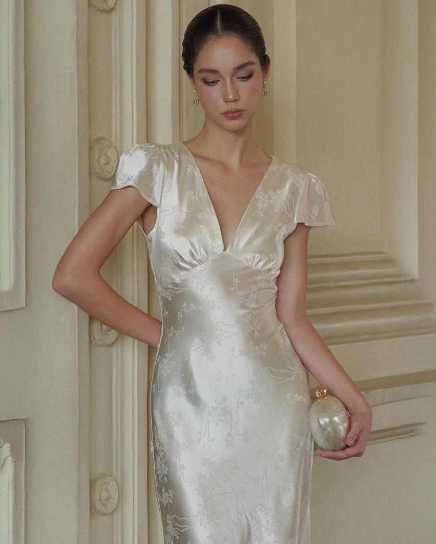 Stunning Silver Satin Sleeveless V Neck Long Prom Dress with Print