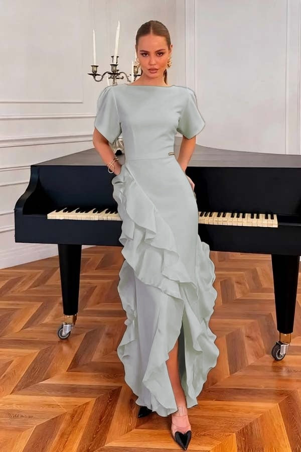 Charming Black Jewel Neck Short Sleeves Ruffles Prom Dress with Split