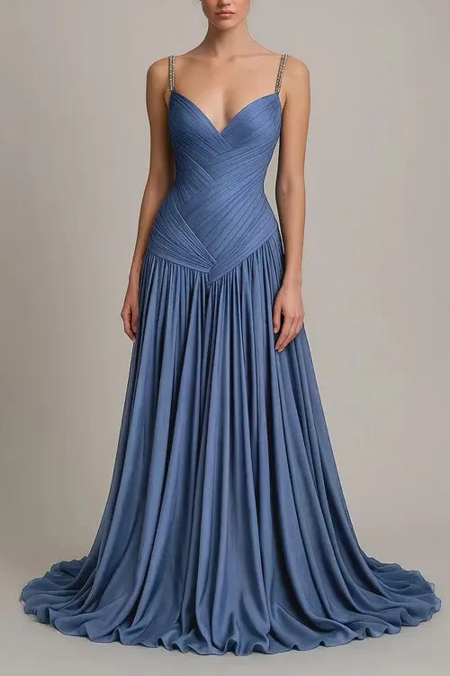 Charming Dusty Blue Sleeveless Spaghetti Strap Long Prom Dress with V Neck