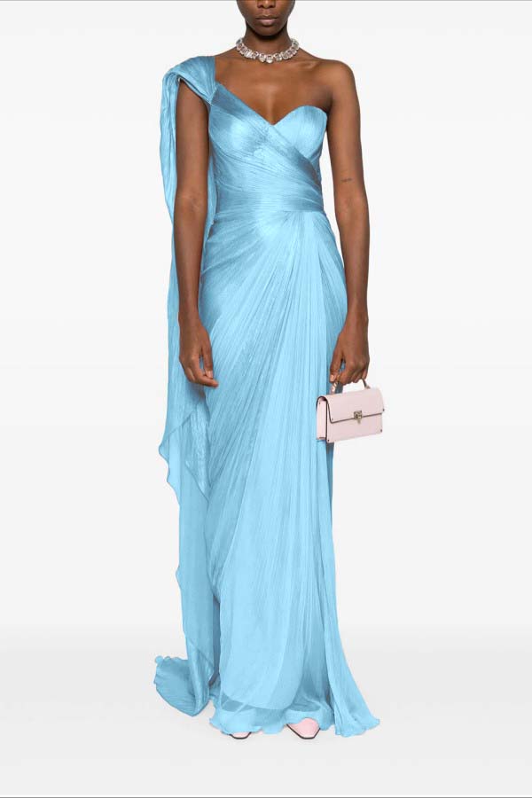 Charming Pink One Shoulder Sleeveless Pleated Prom Dress with Train
